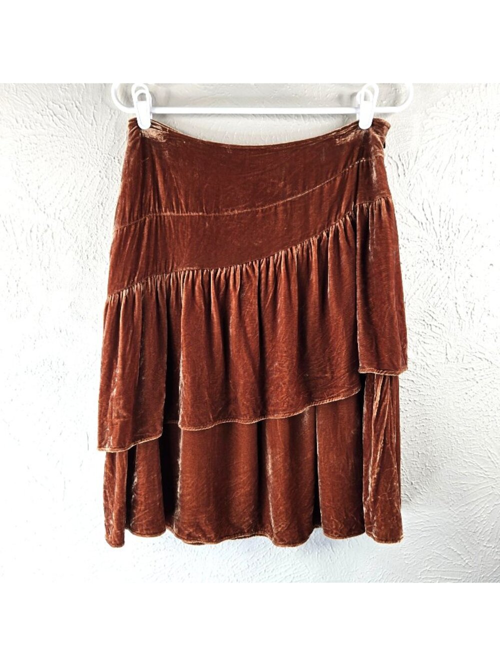 VTG DKNY Skirt 4 Silk Brown Velvet Flowy Tiered Ruffle Boho Indie Assymetrical